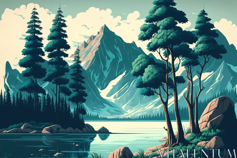 Vintage Mountain Scene Illustration | Tranquil Nature Art