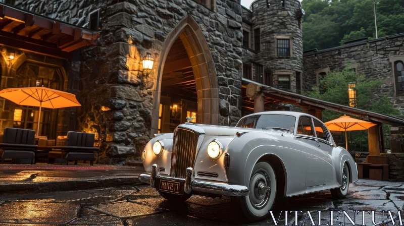 Vintage White Bentley Parked in Front of Majestic Stone Castle AI Image