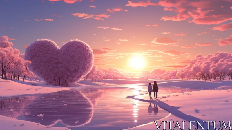 Winter Landscape with Heart-Shaped Tree at Sunset AI Image