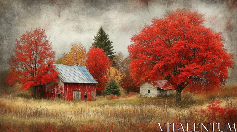 Autumn Landscape: Red Barn and White House in Vibrant Fall Foliage AI Image