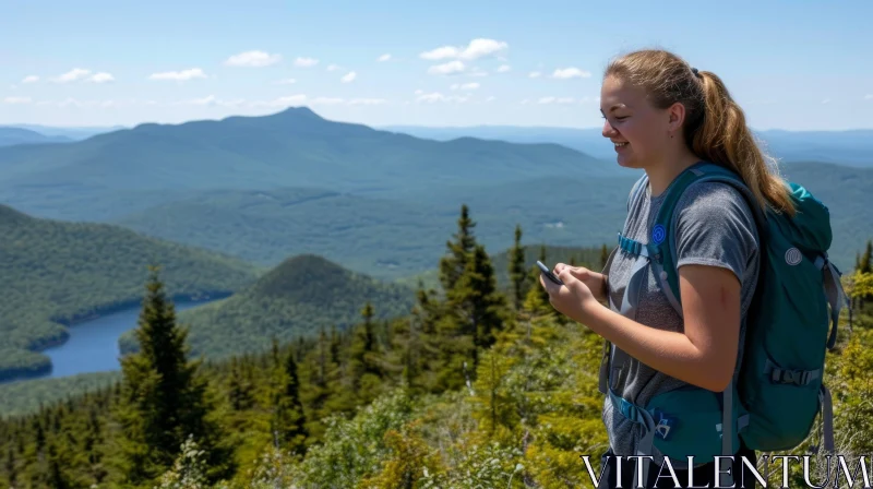 Captivating Mountain View: Young Woman on Top of a Mountain AI Image