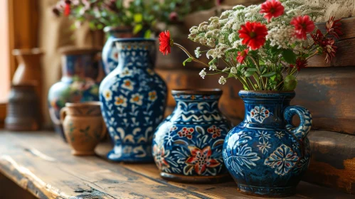 Captivating Still Life: Ceramic Vases on Wooden Shelf