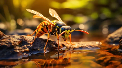 Close-up Black and Yellow Wasp on Wet Rock by Puddle