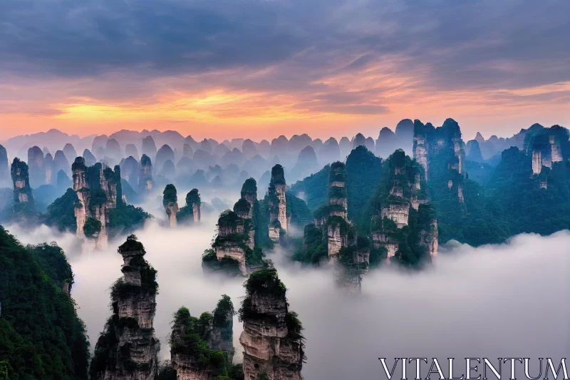 Cloudy Mountains and Tall Towers in China - Majestic and Enchanting AI Image