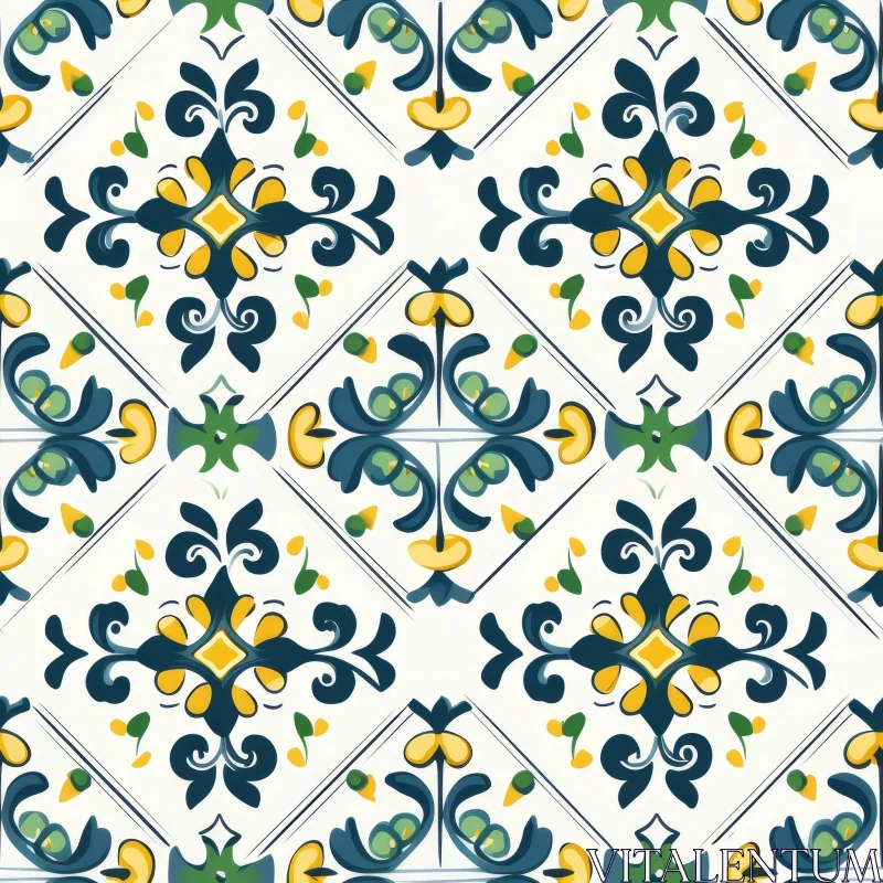 AI ART Elegant Floral Tile Pattern - White, Blue, Yellow