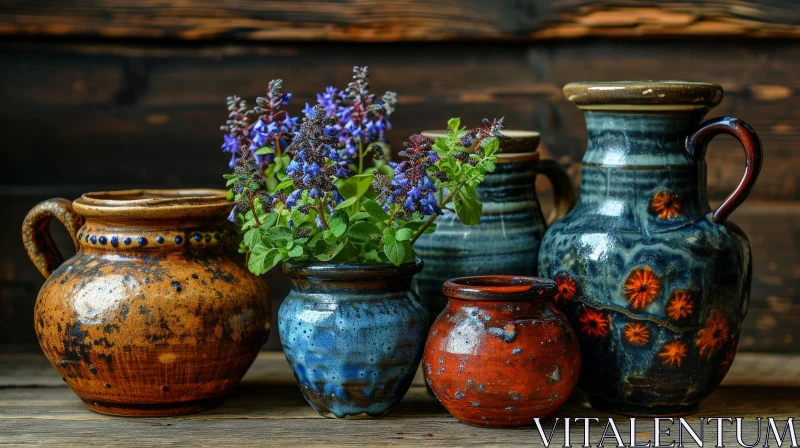 Exquisite Still Life: Ceramic Pots and Purple Flowers AI Image