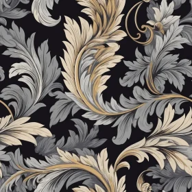 Gray and Gold Leaves Seamless Pattern on Black Background