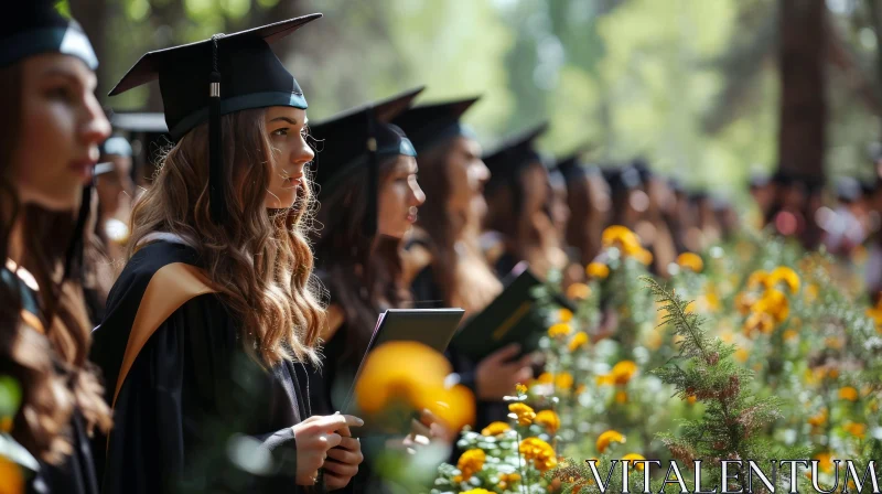Group of Female Students in Graduation Caps and Gowns Outdoors AI Image
