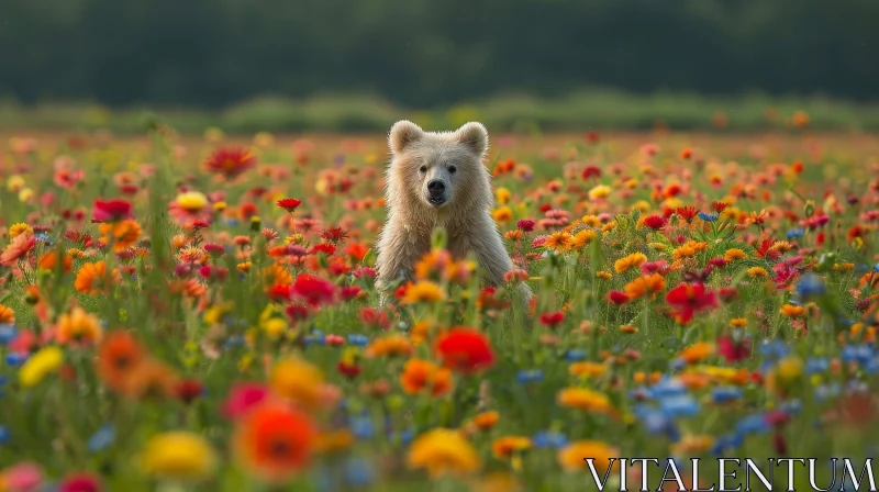 Majestic Polar Bear in Colorful Flower Field AI Image