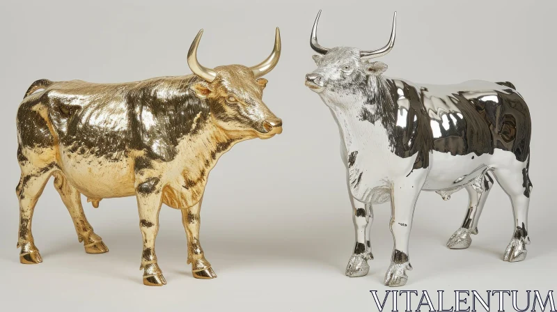 AI ART Metal Bulls: Gold and Silver Sculptures Standing Side by Side