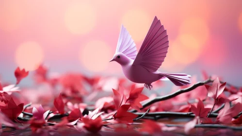 Pink Bird with Outstretched Wings Over Red Leaves