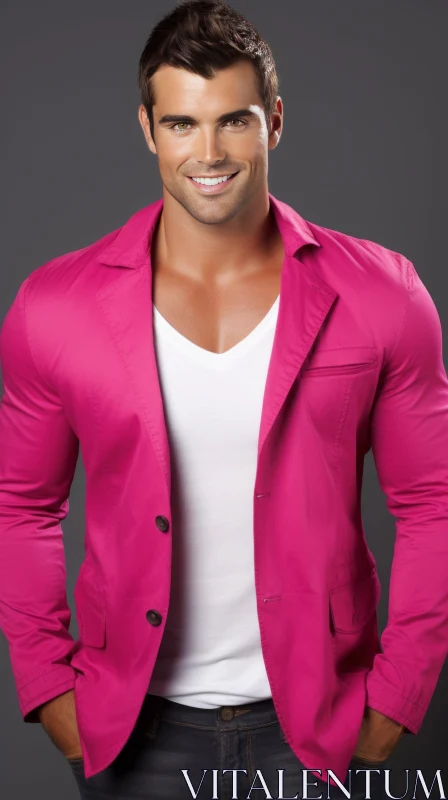 Smiling Young Man in Pink Suit Portrait AI Image