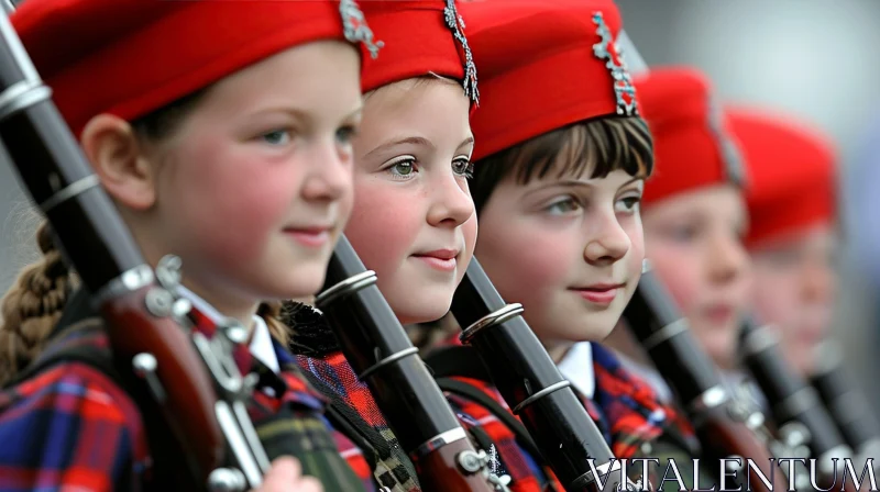 Three Young Girls Playing Bagpipes in Red Hats and Kilts AI Image