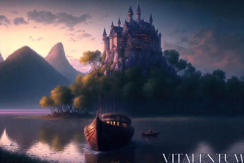 Tranquil and Romantic Fantasy Image: Ship near Castle AI Image