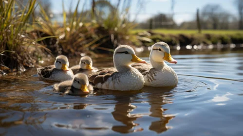 Tranquil Scene: Family of Ducks Swimming in Pond