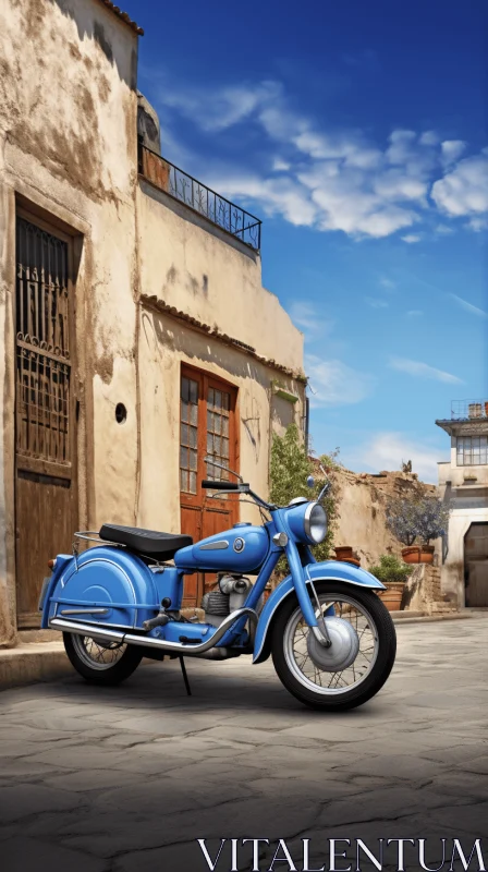 AI ART Vintage Blue Motorcycle in a Charming Village - Daz3d Style