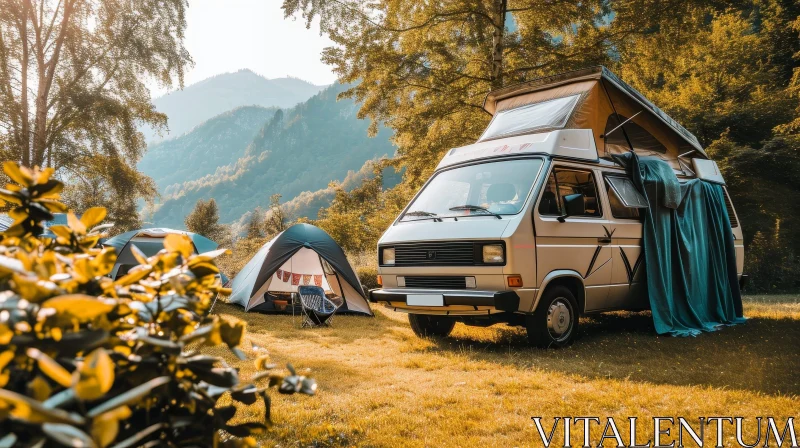 Vintage Volkswagen Bus Camping Site in Mountains AI Image