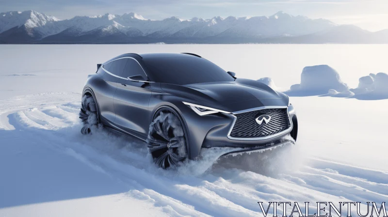 Black Infiniti Concept Car Gliding Through a Snow Field AI Image