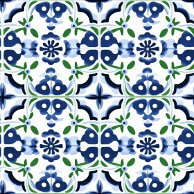 Blue and Green Floral Tiles Pattern on White Background