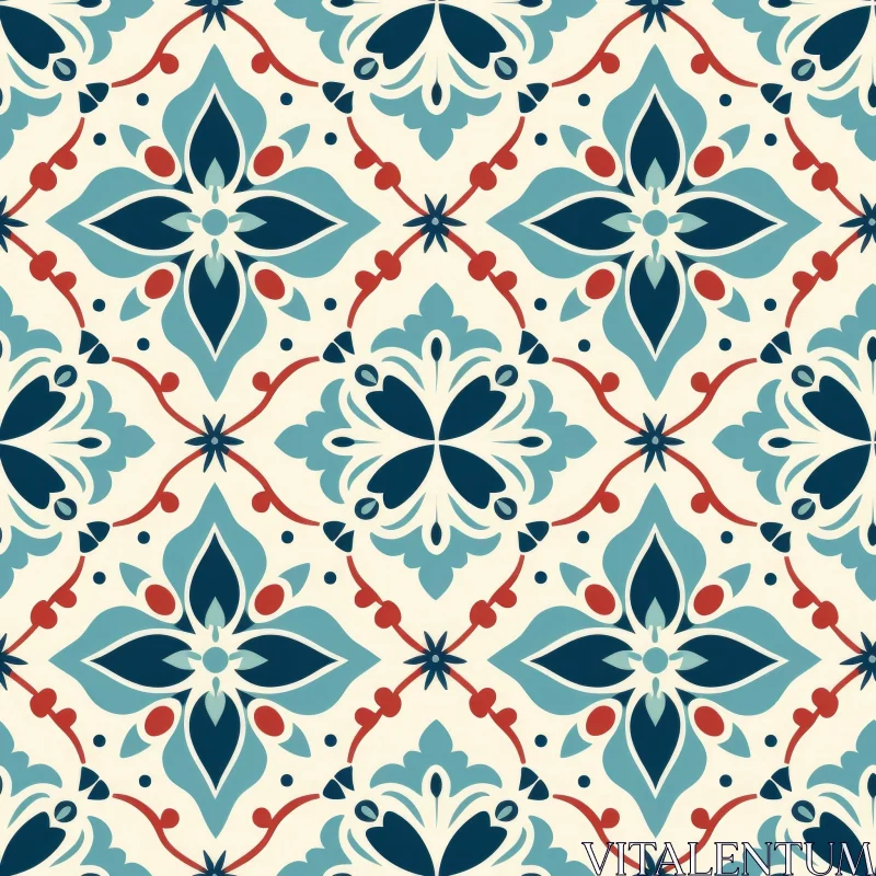 Blue and Red Floral Tiles Pattern AI Image