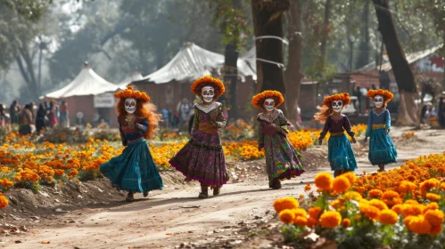 Children in Mexican Costumes Walking in a Field of Orange Flowers