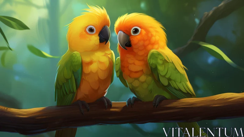 Colorful Parrots on Branch in Nature AI Image