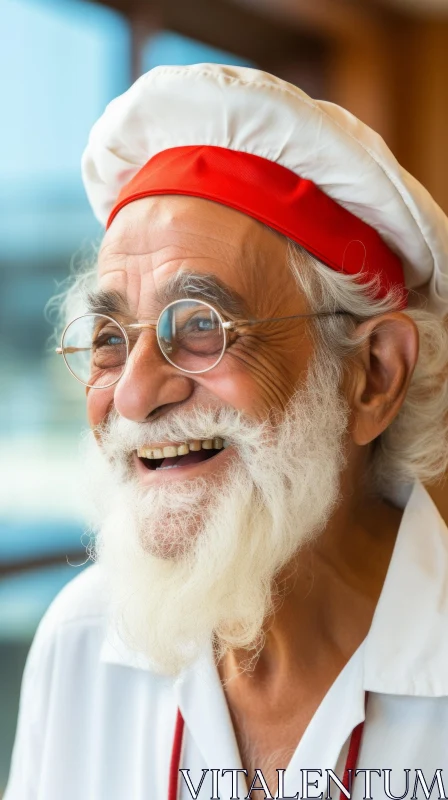 Elderly Man with White Beard and Chef's Hat Smiling AI Image