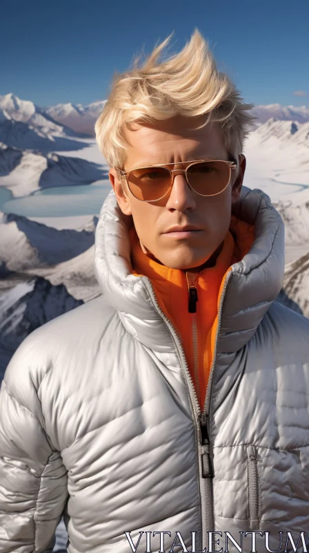 Male Model in Snowy Landscape with Mountains AI Image