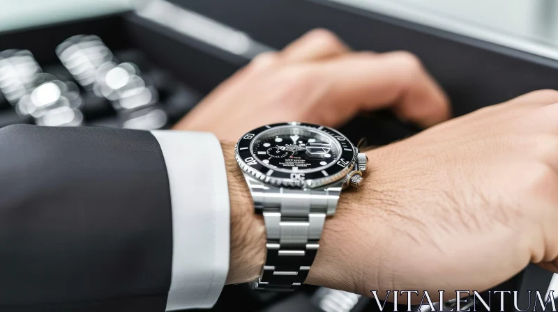 Man Trying On Luxury Watch - Rolex Submariner - Black Dial AI Image