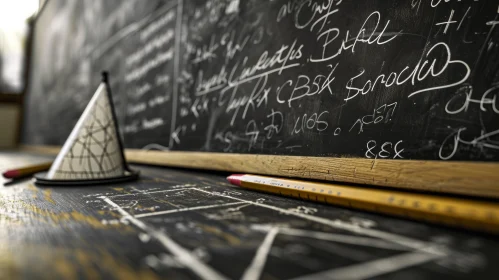 Mathematical Equations and Geometric Shapes on a Blackboard