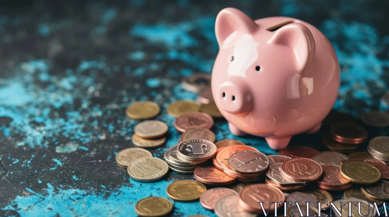 Pink Piggy Bank on Coins | Ceramic Money Saving Box AI Image
