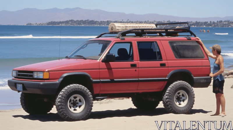 Red SUV on the Beach: A Captivating 1990s-inspired Artwork AI Image