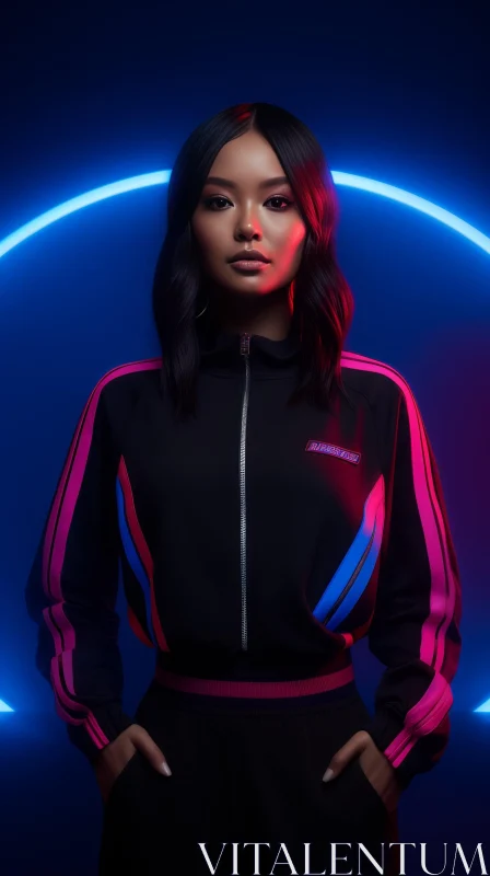 Serious Asian Woman in Neon Circle AI Image