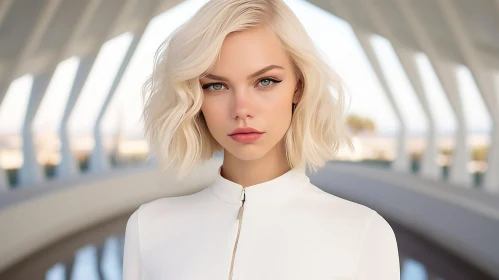 Serious Young Woman Portrait in White Turtleneck Blouse