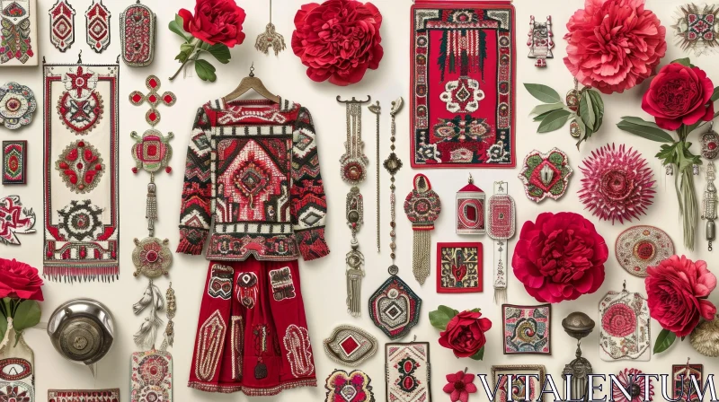 Visually Appealing Arrangement of Traditional Clothing and Jewelry AI Image