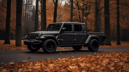 Black Jeep Truck Parked in Fall Colored Forest | Immersive Monochromatic Tones