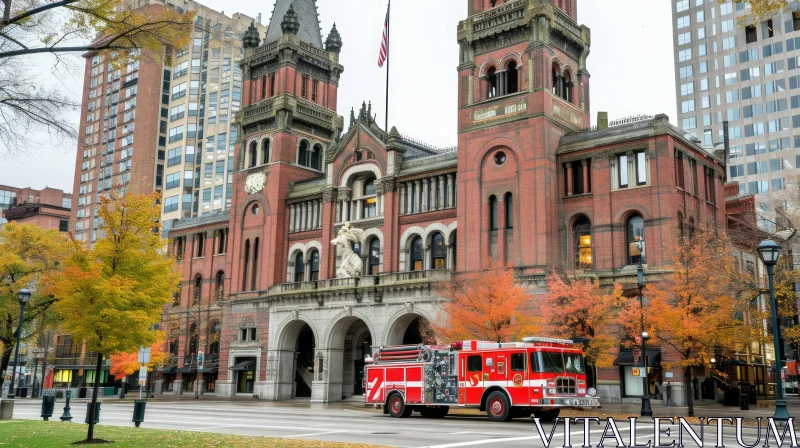 Captivating Architecture: Red Fire Truck in Front of Majestic Brick Building AI Image