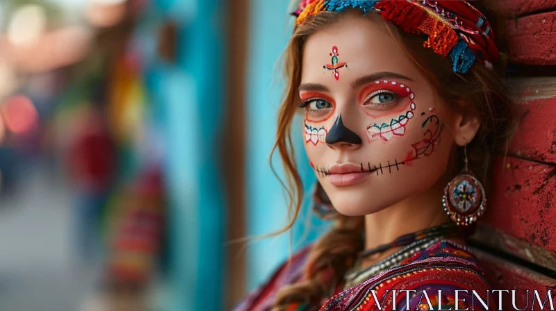Dia de los Muertos-Inspired Face Painting: Captivating Portrait of a Young Woman AI Image
