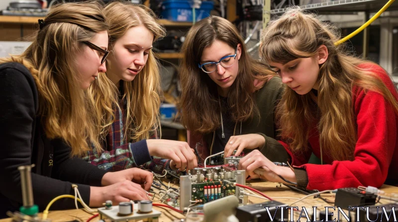 Intense Collaboration: Young Women Engaged in an Electronic Project AI Image