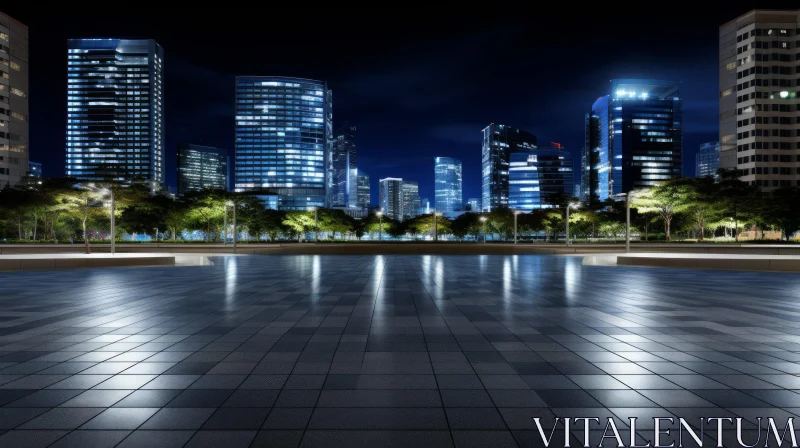 Night Cityscape with Skyscrapers and Plaza AI Image