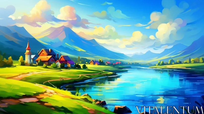 Serene Landscape Painting with River and Village AI Image