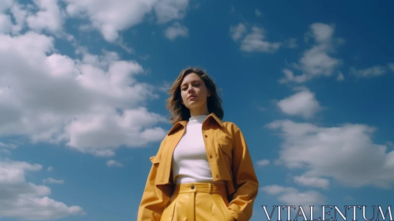 Stylish Woman in Yellow Suit Against Blue Sky AI Image