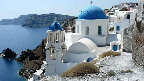 Whitewashed Church with Blue Dome on Santorini Island - A Serene Beauty