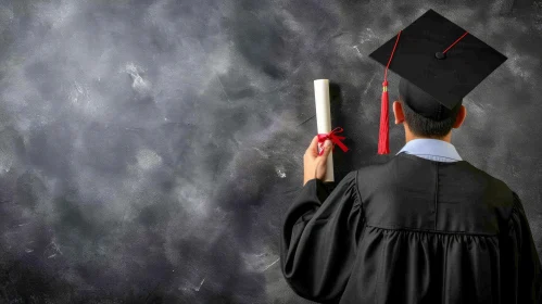 Young Graduate Holding Diploma | Blackboard Background