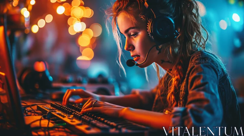 Young Woman Gaming with Headphones and Microphone AI Image