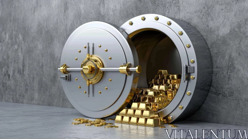 Captivating 3D Rendering of a Bank Vault Door with Gold Bars and Coins AI Image