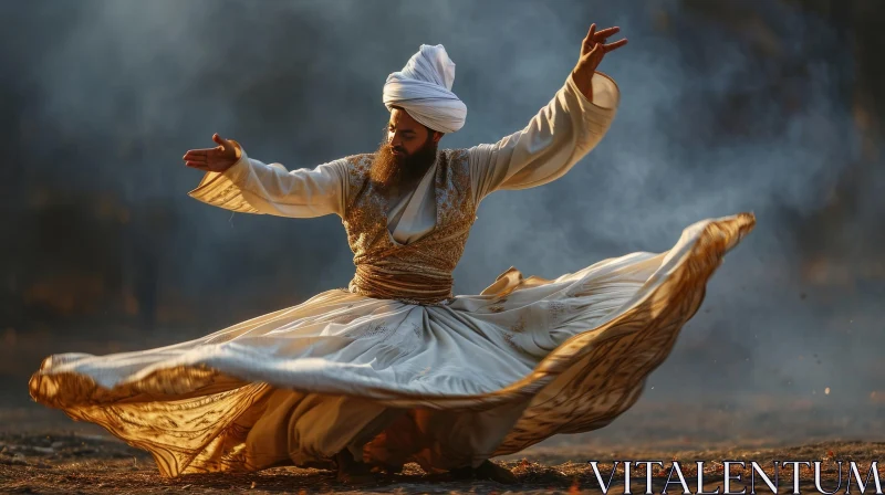 Captivating Whirling Sufi Man in White Robe AI Image