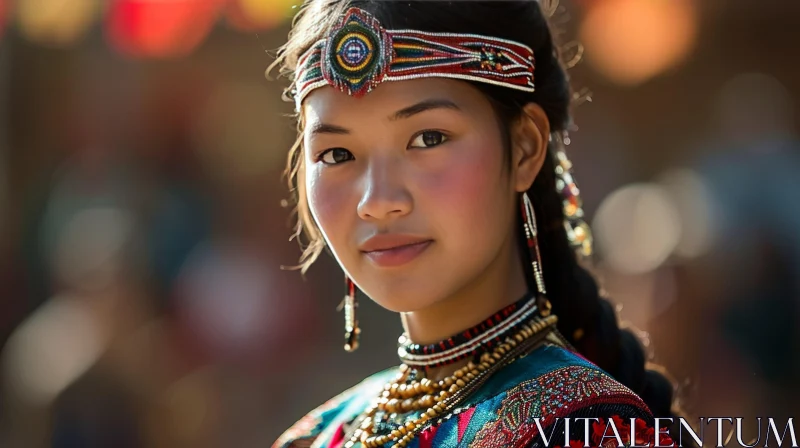 Colorful Traditional Headdress: A Captivating Image of an Asian Woman AI Image