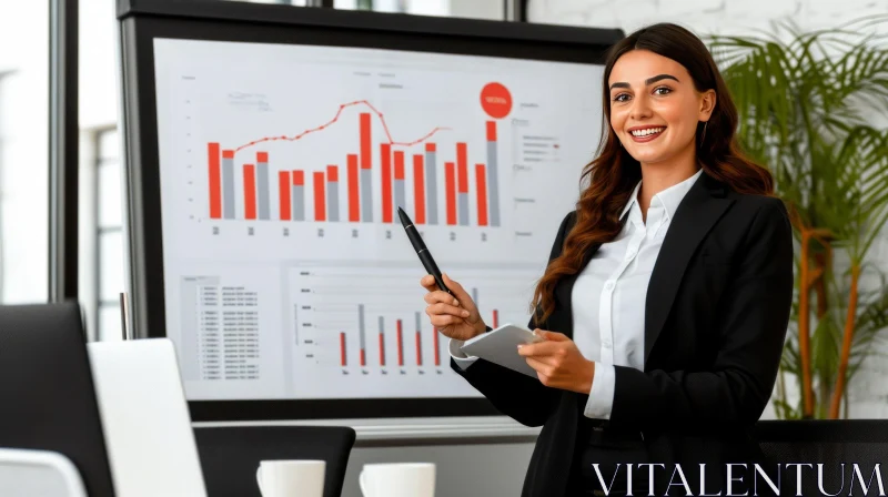 Confident Businesswoman with Pen at Whiteboard | Professional Image AI Image