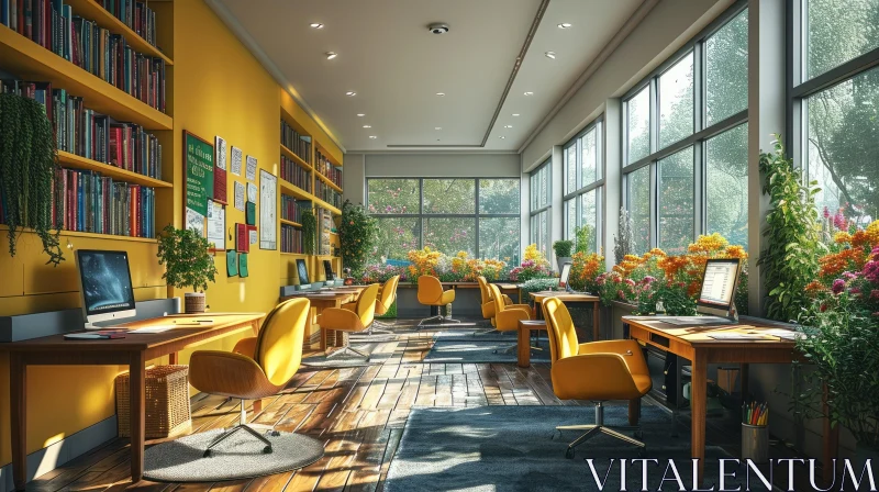 Contemporary Office Space with Yellow Accent Wall AI Image